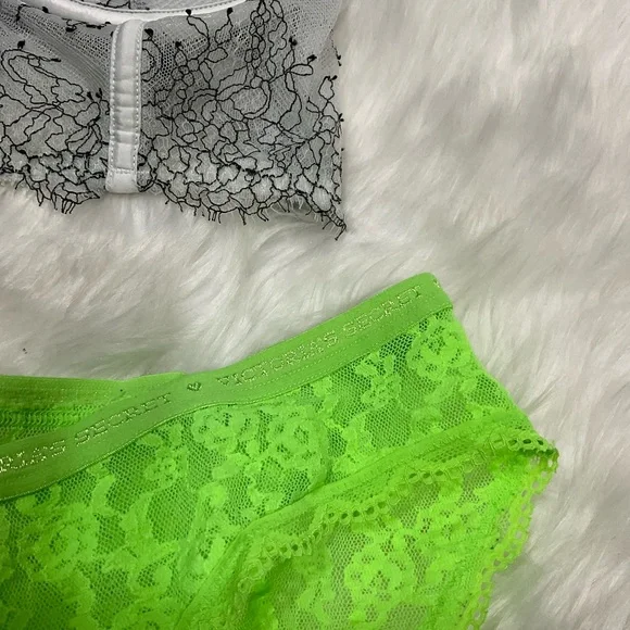 Very Sexy Victoria's Secret Lace Bra and Panty Set - Black and Neon Green